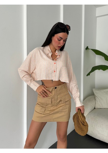 Oranj Keten Neon Çizgili Crop Gömlek 25417 modelleri
