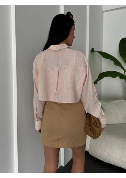 Oranj Keten Neon Çizgili Crop Gömlek 25417 indirimleri