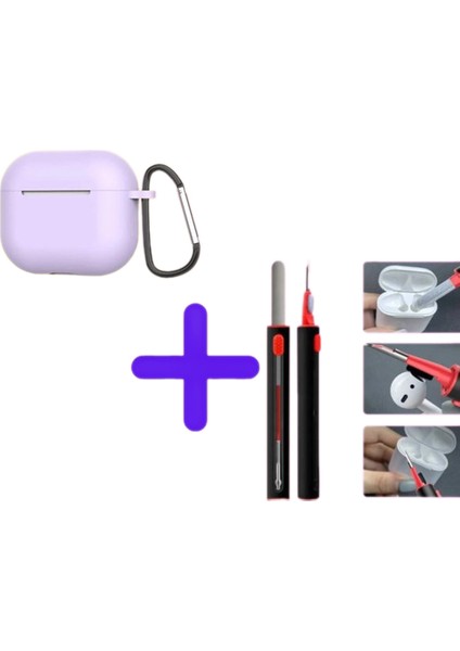 3.Nesil Uyumlu Silikon Kılıf ve Kulaklık Temizleme Kalemi 2'li Set - Lila