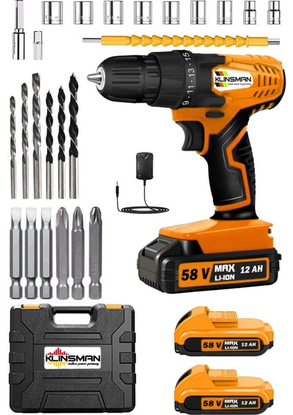 Alman Devi New Work Serii 58V 12AH 27PCS Set 2AKÜLÜ Darbeli Şarjlı Delme Vidalama Matkap