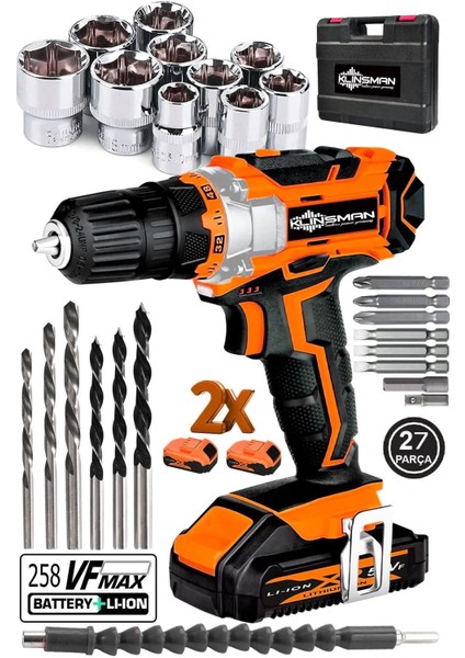 Alman Hard-X 256 Vf 20AH Çelik Şanzuman Bakır Sargılı 2 Akülü Vidalama Matkap Şarjlı Matkap