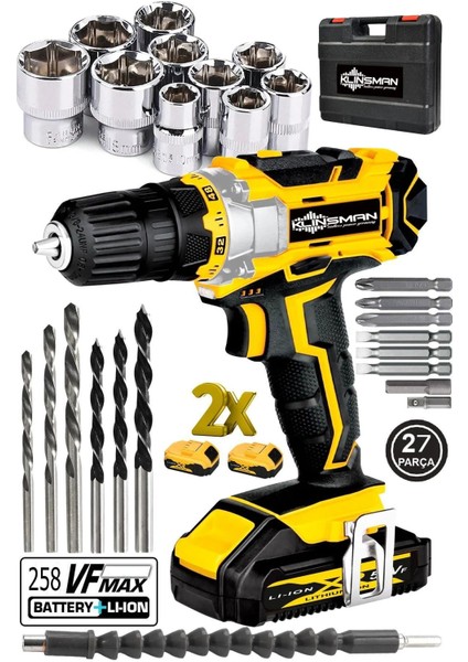Alman Hard-X 256 Vf 20AH Çelik Şanzuman Bakır Sargılı 2 Akülü Vidalama Matkap Şarjlı Matkap