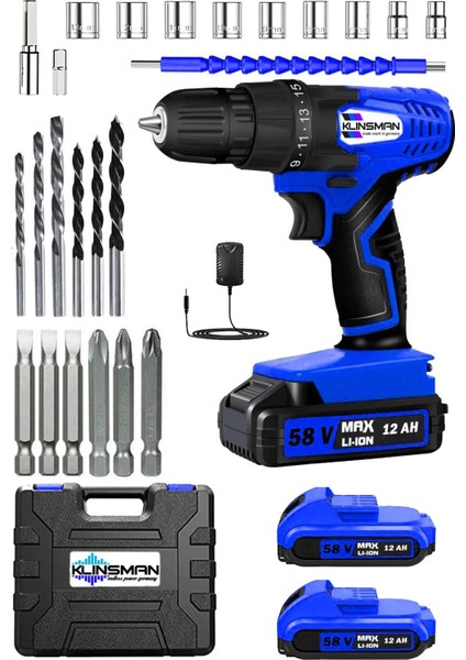 Alman Blue Dark Seri 58V 12AH 27PCS Set Çift Akülü Darbeli Delme Vidalama Matkap
