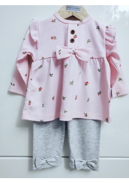 Pamuk Kız Bebek Fitilli Çicek Desenli Fiyonk Detaylı Alt Üst Pijama Takımı