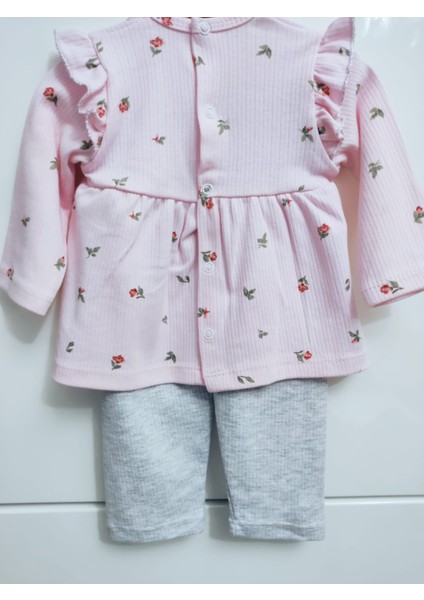Pamuk Kız Bebek Fitilli Çicek Desenli Fiyonk Detaylı Alt Üst Pijama Takımı