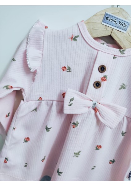 Pamuk Kız Bebek Fitilli Çicek Desenli Fiyonk Detaylı Alt Üst Pijama Takımı
