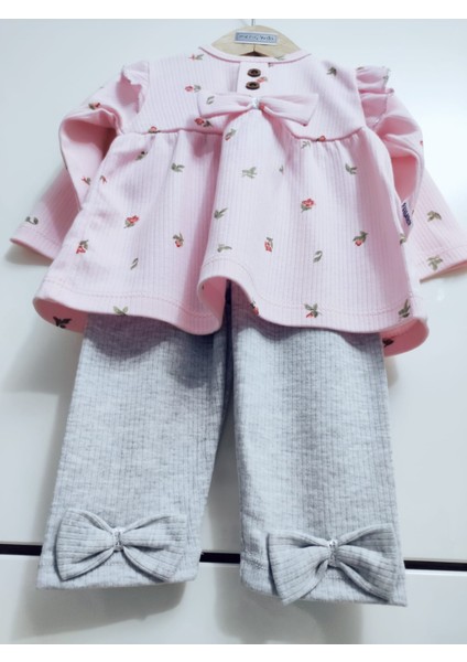 Pamuk Kız Bebek Fitilli Çicek Desenli Fiyonk Detaylı Alt Üst Pijama Takımı