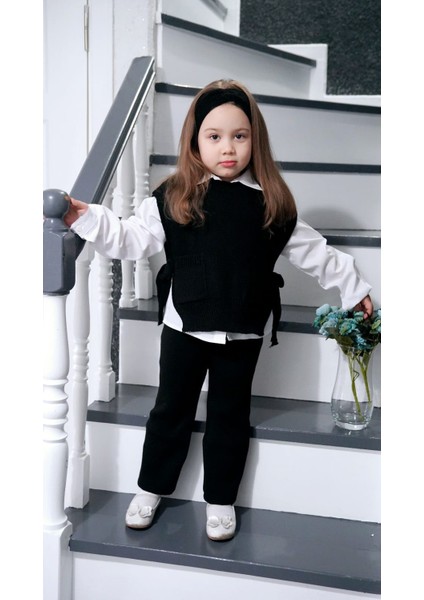 Saç Bandlı Pantolonlu Yanları Açık ve Bağlama Detay Süeterli Trend Kız Çocuk 3'lü Akrilik Triko Takım fiyatları