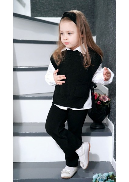 Saç Bandlı Pantolonlu Yanları Açık ve Bağlama Detay Süeterli Trend Kız Çocuk 3'lü Akrilik Triko Takım fırsatları