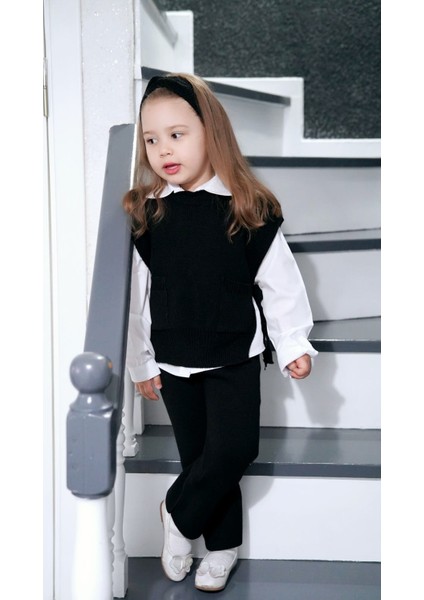 Saç Bandlı Pantolonlu Yanları Açık ve Bağlama Detay Süeterli Trend Kız Çocuk 3'lü Akrilik Triko Takım indirimleri