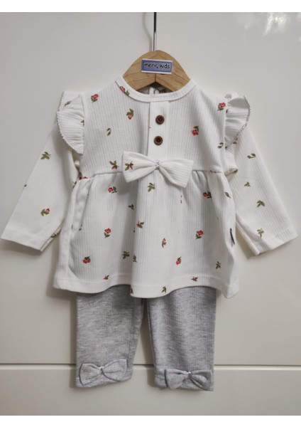 Pamuk Kız Bebek Fitilli Çicek Desenli Fiyonk Detaylı Alt Üst Pijama Takımı