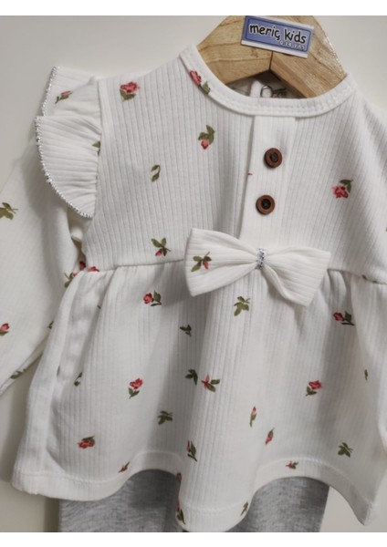 Pamuk Kız Bebek Fitilli Çicek Desenli Fiyonk Detaylı Alt Üst Pijama Takımı