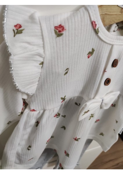 Pamuk Kız Bebek Fitilli Çicek Desenli Fiyonk Detaylı Alt Üst Pijama Takımı