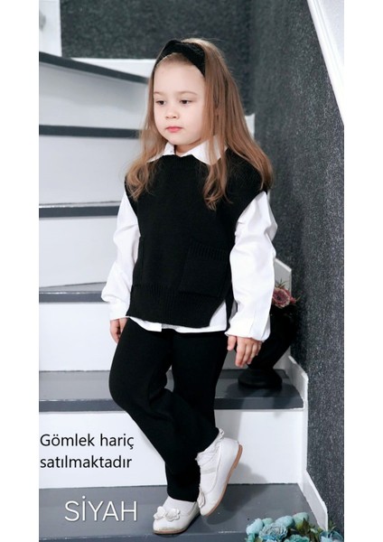 Saç Bandlı Pantolonlu Yanları Açık ve Bağlama Detay Süeterli Trend Kız Çocuk 3'lü Akrilik Triko Takım