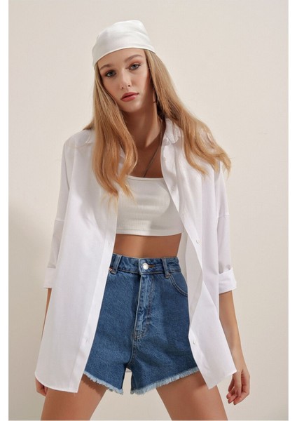 Oversize Uzun Basic Gömlek - Beyaz
