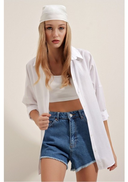 Oversize Uzun Basic Gömlek - Beyaz