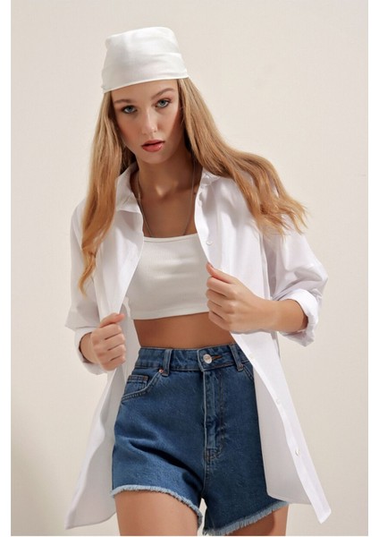 Oversize Uzun Basic Gömlek - Beyaz