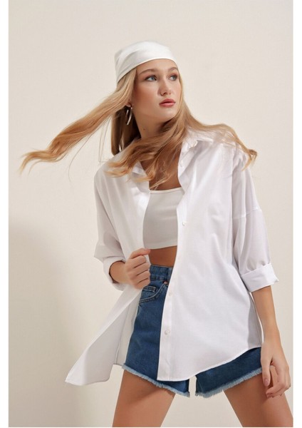 Oversize Uzun Basic Gömlek - Beyaz
