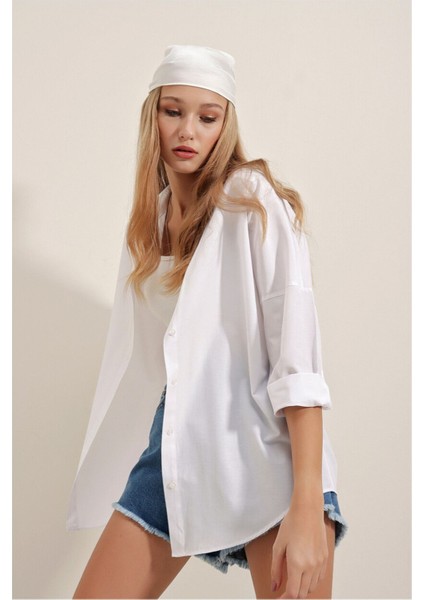 Oversize Uzun Basic Gömlek - Beyaz