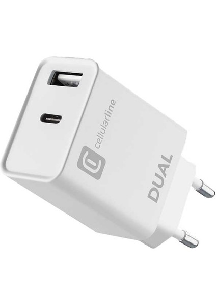 Cellularlıne 20W Dual Port Şarj Adaptörü Beyaz