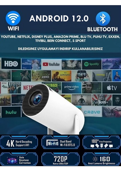 Taşınabilir Sinema Projektörü 4K Ev Sineması Bluetooth Android 12