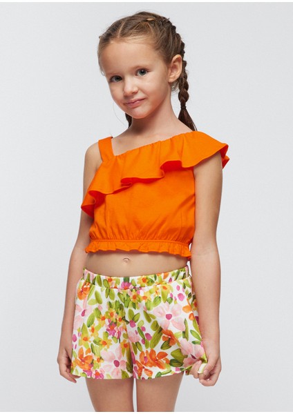 Kız Çocuk Asimetrik Üst Şort Takım Turuncu 3262