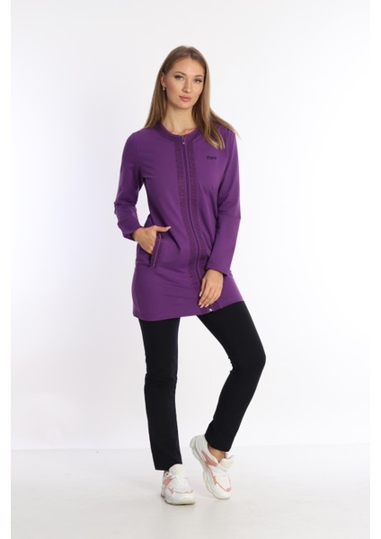 Kadın Mor İki İplik Kumaş Cepli Bisiklet Yaka Taşlı Boncuklu Fermuarlı Tunik Takım - 7461