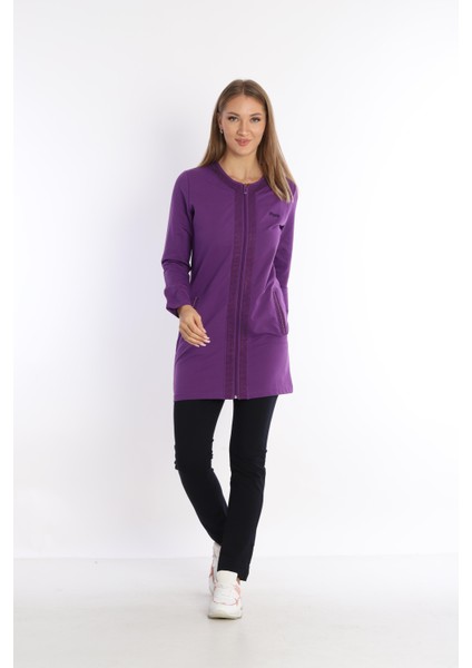 Kadın Mor İki İplik Kumaş Cepli Bisiklet Yaka Taşlı Boncuklu Fermuarlı Tunik Takım - 7461 fiyatları