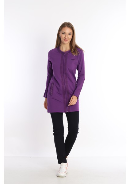 Kadın Mor İki İplik Kumaş Cepli Bisiklet Yaka Taşlı Boncuklu Fermuarlı Tunik Takım - 7461 modelleri