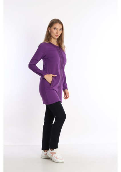 Kadın Mor İki İplik Kumaş Cepli Bisiklet Yaka Taşlı Boncuklu Fermuarlı Tunik Takım - 7461 fırsatları