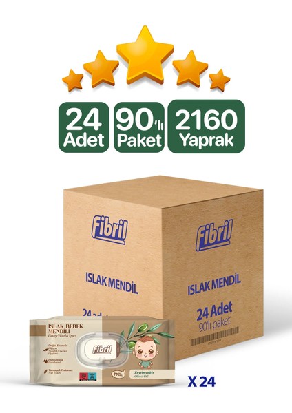 Zeytinyağlı Islak Bebek Mendili 24x90 Lı Paket 2160 Yaprak Doğal esans ve geri dönüştürülebilir kumaş