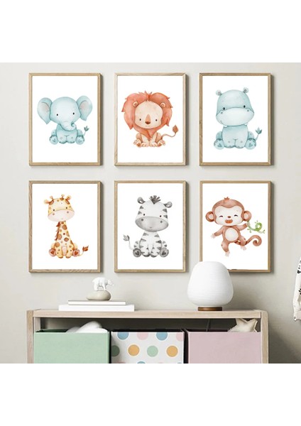 Pastel Renkli Bebek Hayvanlar, 6’lı Çerçeve Görünümlü Mdf Tablo Seti-Bebek ve Çocuk Odası Dekoru,