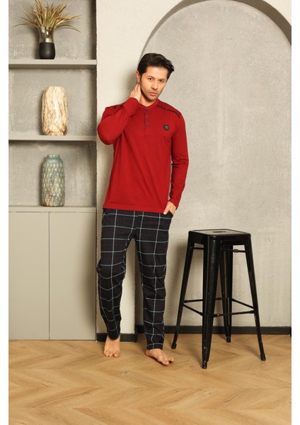Erkek Pijama Takımı Süprem Uzun Kollu Ekoseli Omuz Arabiyeli Armalı Pamuklu M58252314