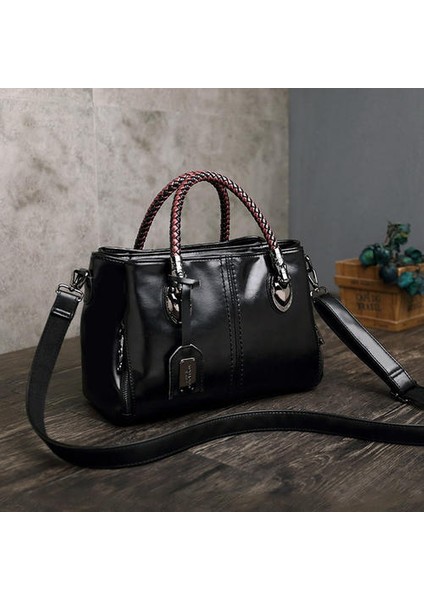 New Dokunma Tutağı Kontrast Renk Moda Deri Büyük Kapasite Üç Katmanlı Pratik Çantalar Omuz Çantası Messenger Çapraz Vücut Çantası (Siyah) (Yurt Dışından)