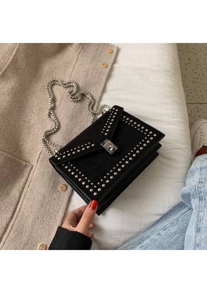 Moda Kadın Ovma Deri Marka Tasarımcısı Omuz Kadınlar Için Basit Çantalar Zincir Perçin Lüks Crossbody Çanta Kadın Moda Küçük Çantalar (Siyah) (Yurt Dışından)