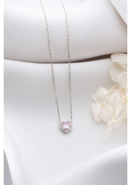 925 Ayar Gümüş Zirkon Taşlı Pembe Kalp Kolye fiyatları