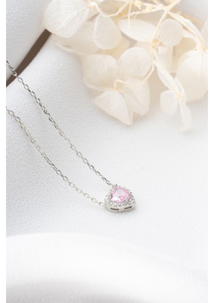 925 Ayar Gümüş Zirkon Taşlı Pembe Kalp Kolye fırsatları