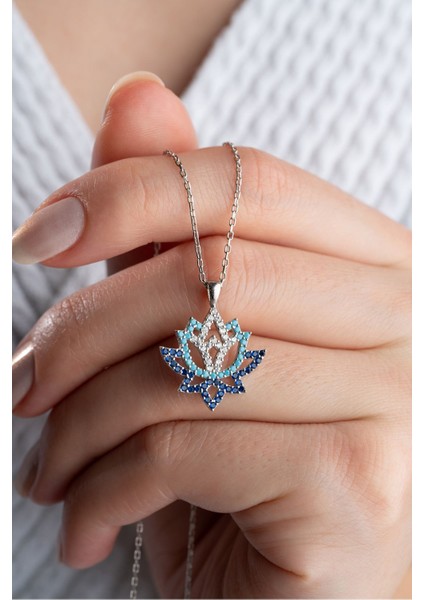 925 Ayar Gümüş Mavi Zirkon Taşlı Lotus Çiçeği Kolye