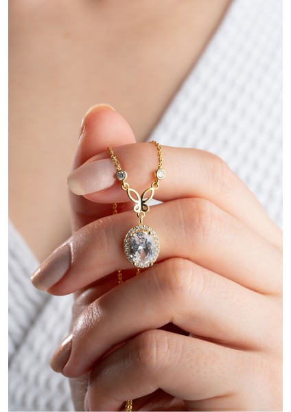 925 Ayar Gümüş Gold Damla Taş Kelebekli Kolye