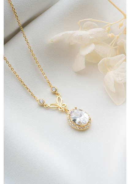 925 Ayar Gümüş Gold Damla Taş Kelebekli Kolye fırsatları