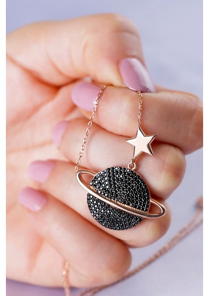 925 Ayar Gümüş Yıldızlı Siyah Gezegen Kolye