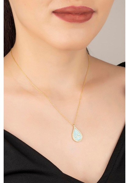 925 Ayar Gümüş Mavi Mineli Damla Kolye modelleri