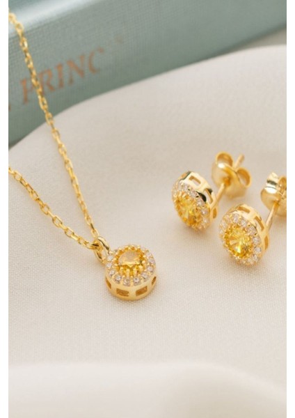925 Ayar Gümüş Kasım Ayı Doğum Taşı ( Citrine ) Kolye - Küpe Seti