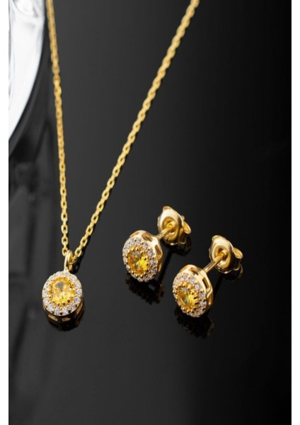 925 Ayar Gümüş Kasım Ayı Doğum Taşı ( Citrine ) Kolye - Küpe Seti fırsatları