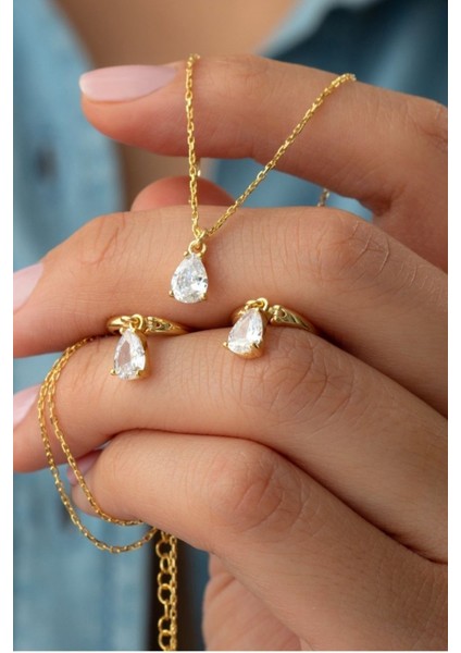 925 Ayar Gümüş Damla Taşlı Kolye-Küpe Seti