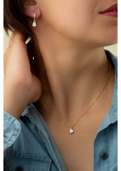 925 Ayar Gümüş Damla Taşlı Kolye-Küpe Seti fiyatları