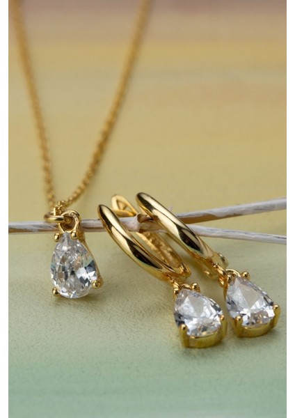 925 Ayar Gümüş Damla Taşlı Kolye-Küpe Seti modelleri