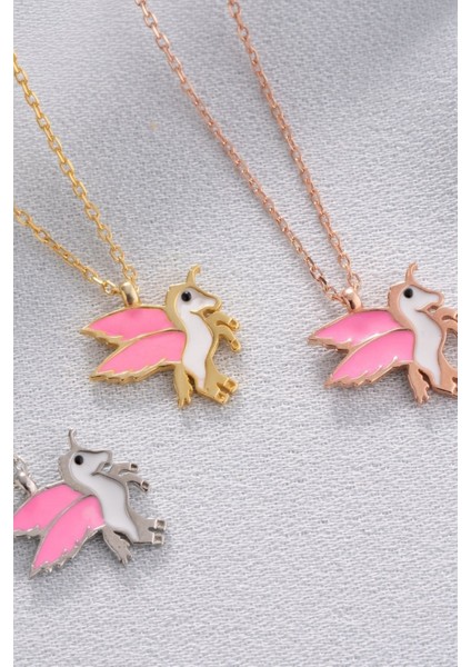 925 Ayar Gold Mineli Pembe Mineli Unicorn Gümüş Kolye