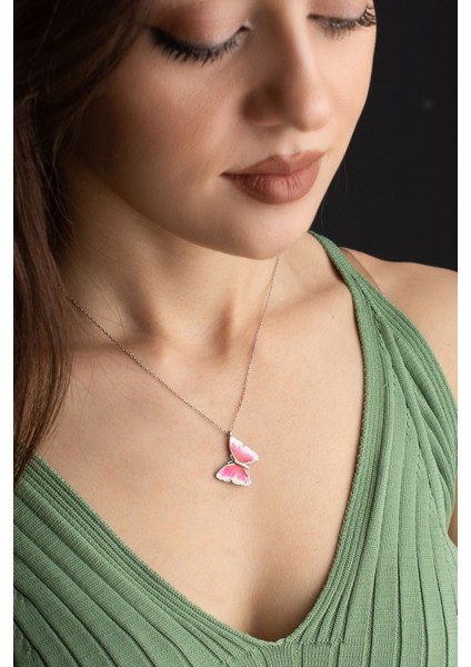 925 Ayar Gold Mineli Pembe Kelebek Gümüş Kolye fiyatları