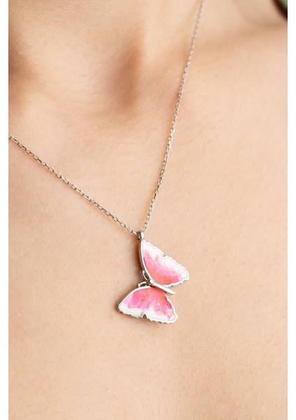 925 Ayar Gold Mineli Pembe Kelebek Gümüş Kolye fırsatları